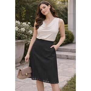 Paule Ka Quiet Luxury Laser Cut Floral Hem Skirt 10 Black Career Minimal Classic